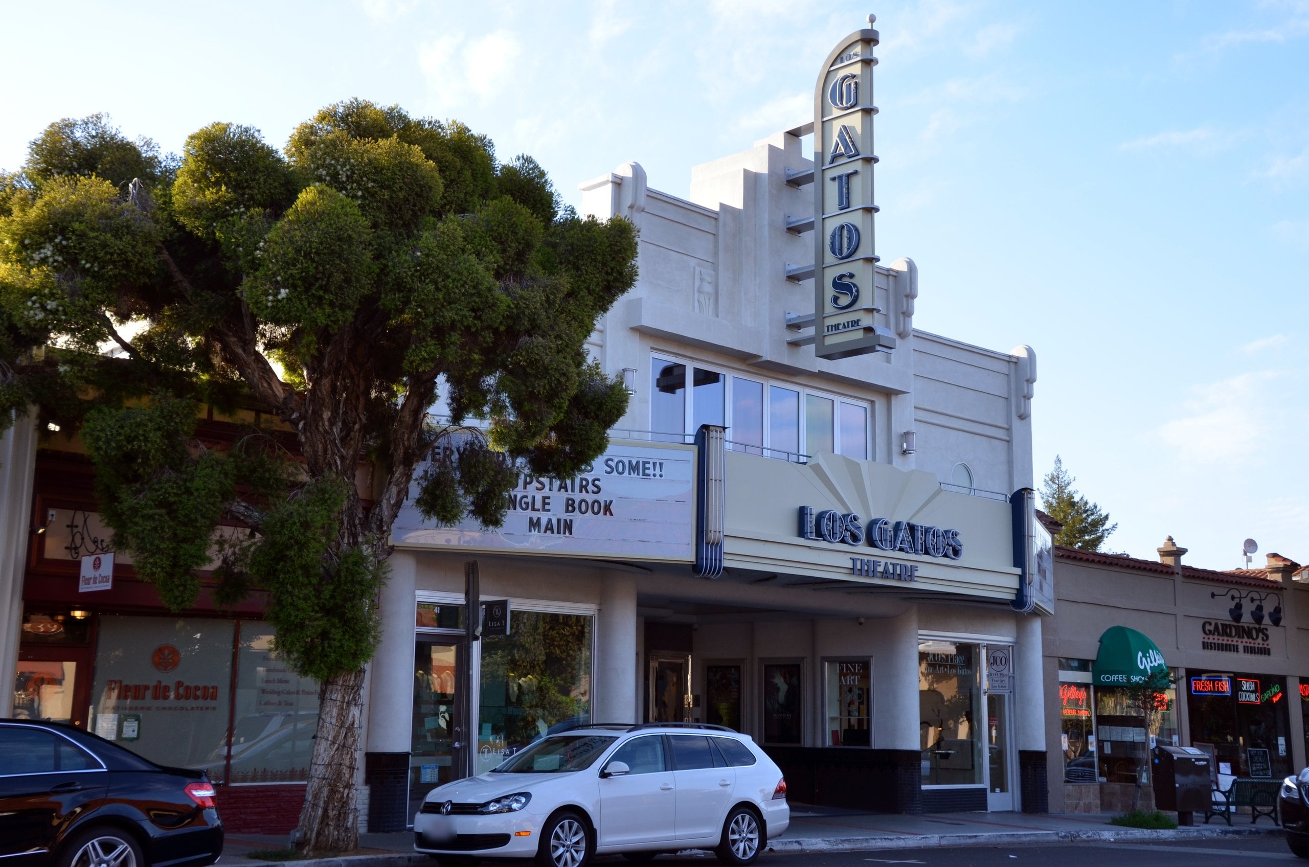 The Art Deco Los Gatos Theatre and its vertical sign on North Santa Cruz Avenue