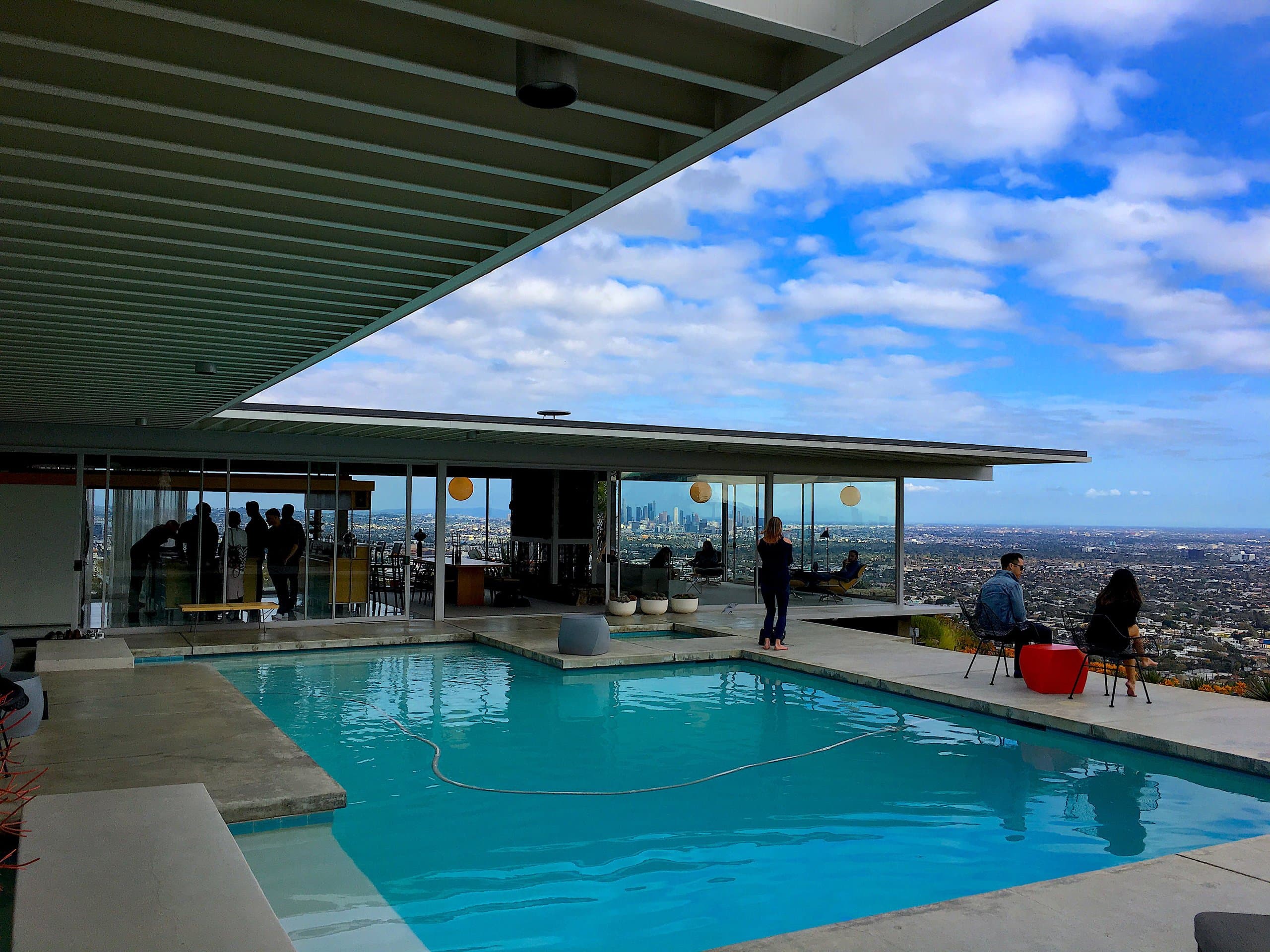 The Stahl House's glass-walled living room and pool, cantilevered over Los Angeles